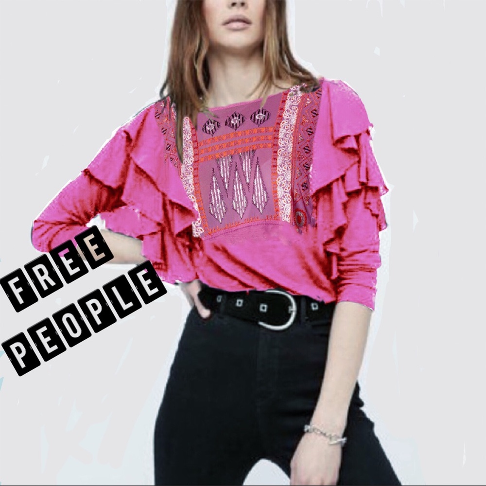 Free People La Cienga Embroidered Blouse Boho Top